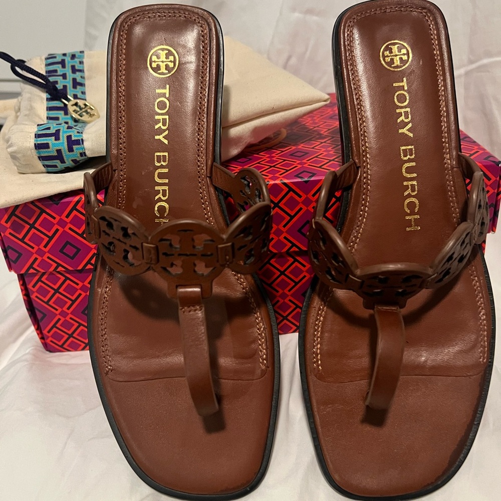 Tory Burch Brown Miller Leather Thong Sandals